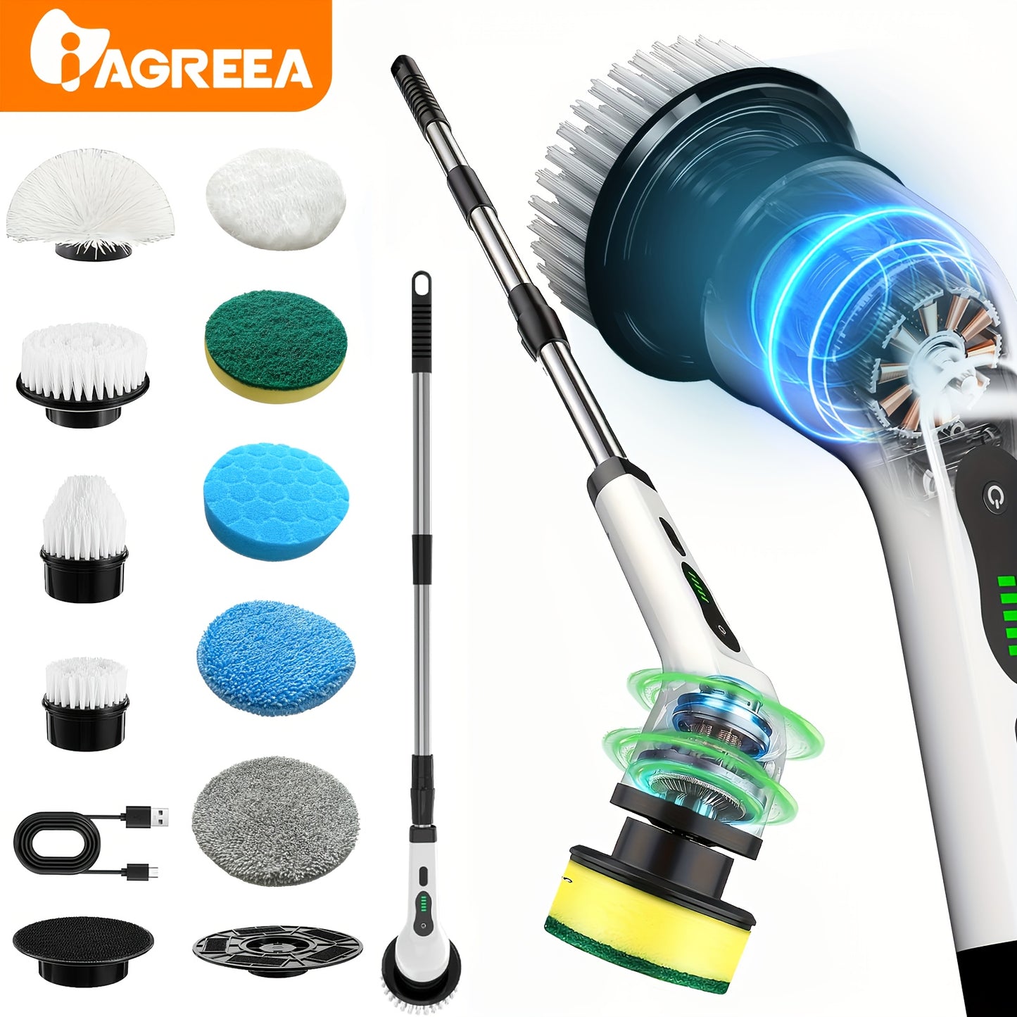 IAGREEA 6010 Wireless Electric Spin Mop with Interchangeable Brush Heads, Telescopic Handle, Cordless 360° Cleaning for Bathroom, Tile, Floor - USB Charging, Rechargeable Lithium Battery.