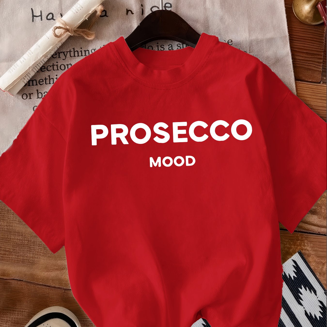 PROSECCO MOOD Women's Crew Neck T-shirt, Polyester, Alphabet Pattern, Regular Length, Casual Style, All Season