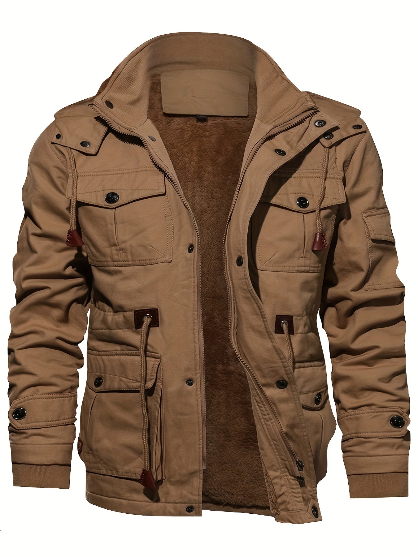 Men's Casual Zip Up Hooded Jacket Coat for Fall and Winter, made of warm fleece and featuring multiple pockets.