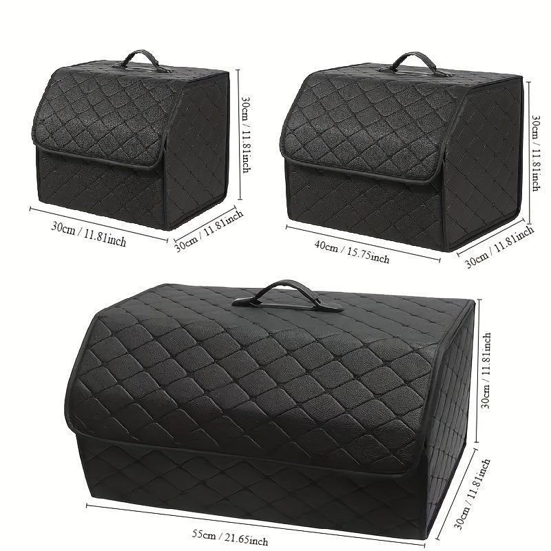 Black quilted PU leather car trunk organizer for SUV & Sedan trunks, providing durable and stylish interior storage.