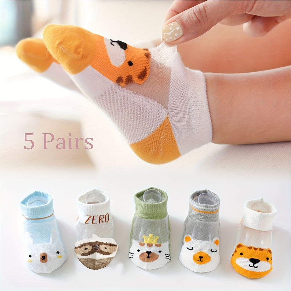 Kids' 5 pairs of thin mesh breathable socks with cartoon designs for spring and summer.