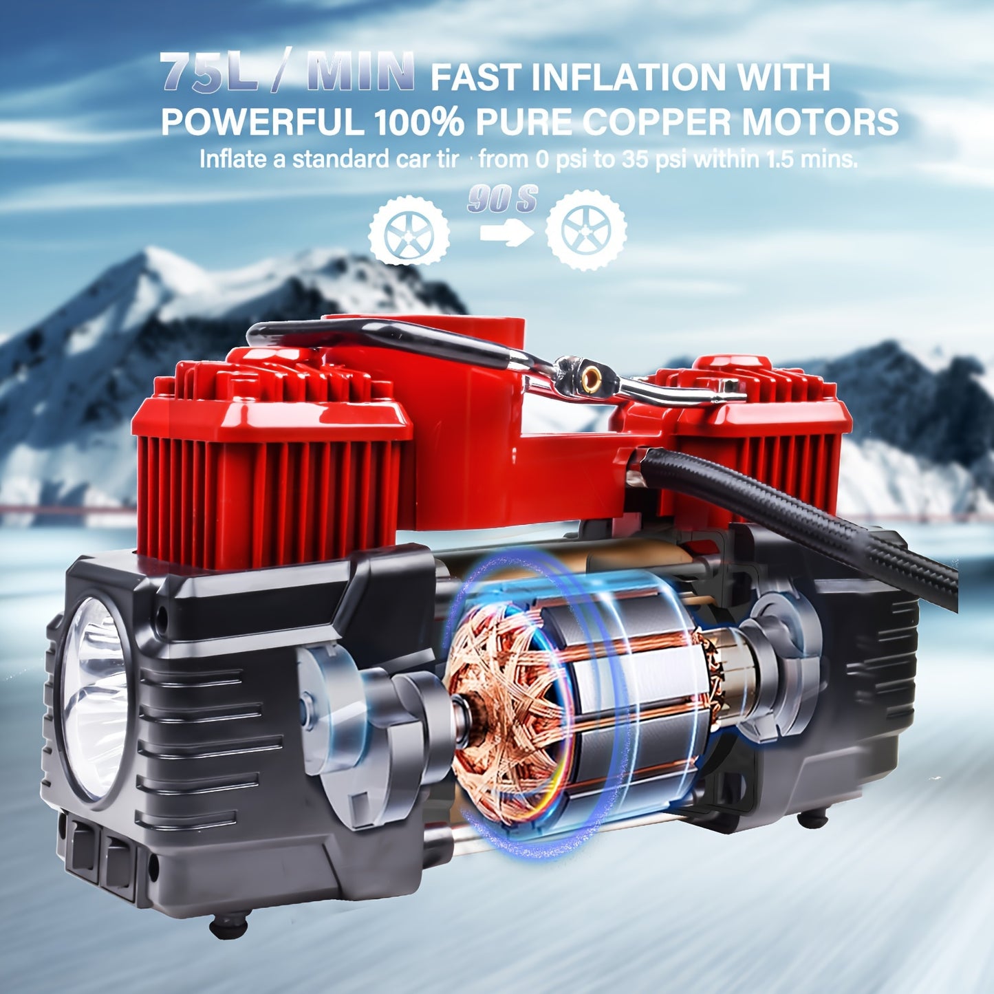 12V portable twin cylinder air compressor with accurate gauge and emergency light for vehicles, bicycles, and more, no battery included.