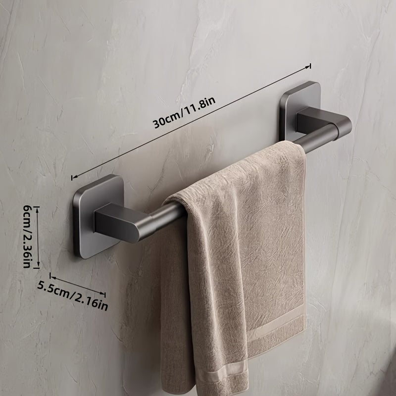 Wall-mounted towel rack for bathroom made of durable space aluminum and plastic. Easy installation with no drilling required. Single rod design for organizing towels.