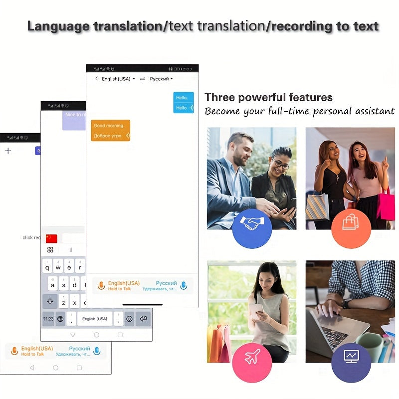 Portable smart language translator device for real-time voice translation during travel or business.