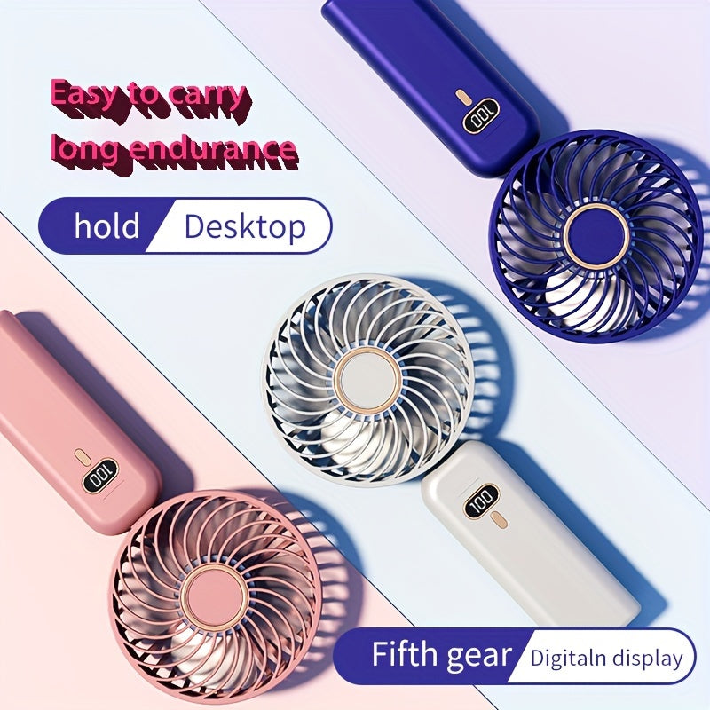 Compact and portable, the 1PC Handheld Convenient Fan offers a silent 5-speed wind with turbo tilt fan blade. Its 90° folding design makes it easy to carry and store, perfect for travel, outdoor activities, and use in the office. This USB rechargeable