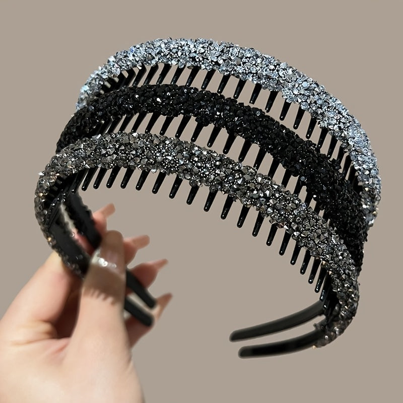 Set of 3 Elegant Rhinestone Headbands for Women - Non-Slip with Teeth, Perfect for Styling and Washing Hair