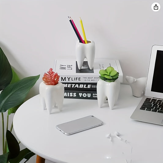 Ceramic tooth-shaped pen holder and succulent pot, rotates 360° for desk organization, ideal for home office and dentist gifts. Cute desk decor and plant holder, perfect for office desk.