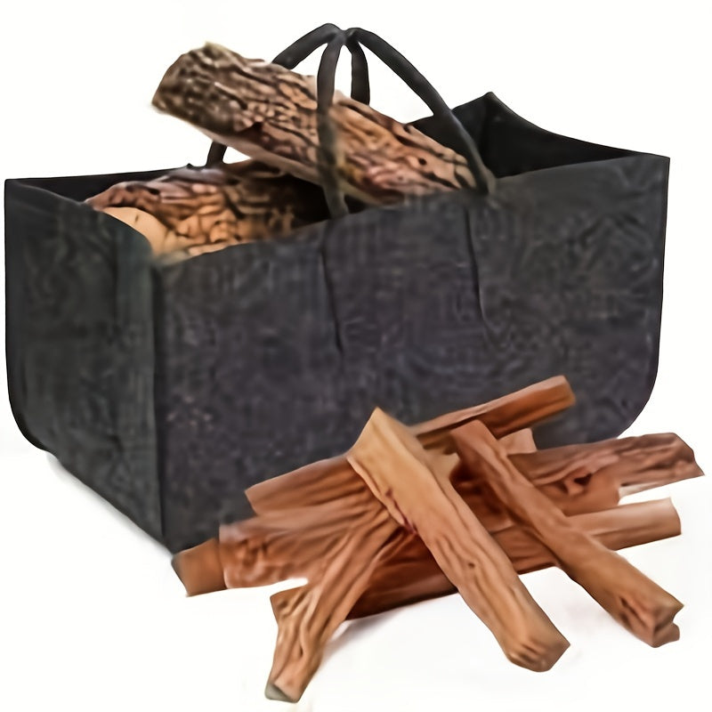 One piece of a portable transport basket designed to hold large amounts of firewood, made of durable felt material that can be reused for multiple seasons. This essential winter item is perfect for RV trips, outdoor camping, picnics, or using in the