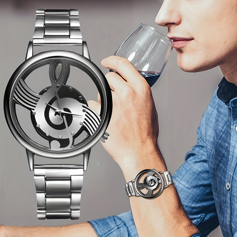 Stainless Steel Musical Notation Quartz Watch for Men's Fashion