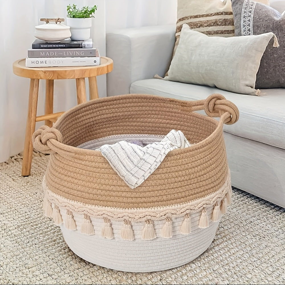 Bohemian Tassel Decorative Woven Basket for Kids - 30.48cm x 22.86cm Nursery Toy Storage & Small Laundry Hamper