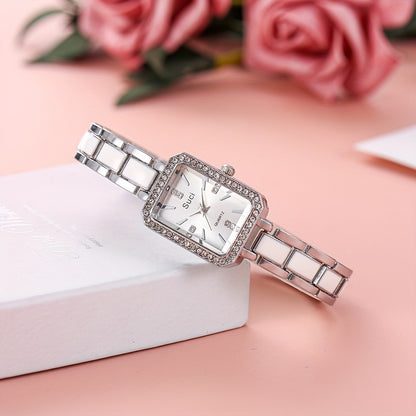 Chic square crystal luxury women's watch with minimalist design, quartz movement, zinc alloy strap, ideal Ramadan gift.