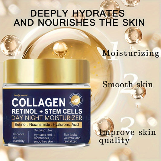 60g LUCKY MUSN Collagen, Retinol & Stem Cell Day & Night Moisturizer hydrates, firms, and is suitable for all skin types with Shea Butter, Niacinamide, and Vitamin E, free from alcohol.