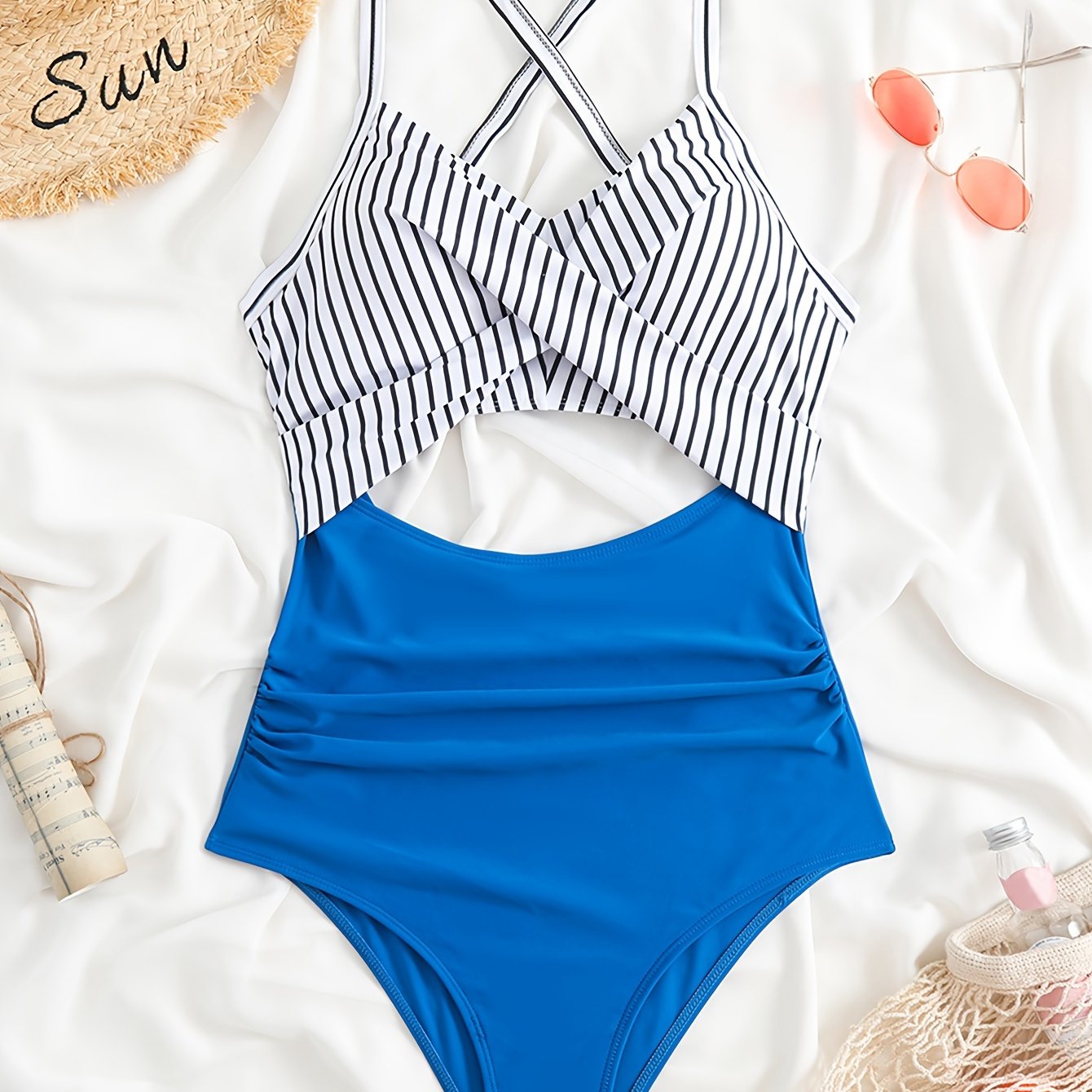 Striped Print Cut Out Twist One-piece Swimsuit with Criss Cross Tie Back, Stretchy Bathing Suit for Women.