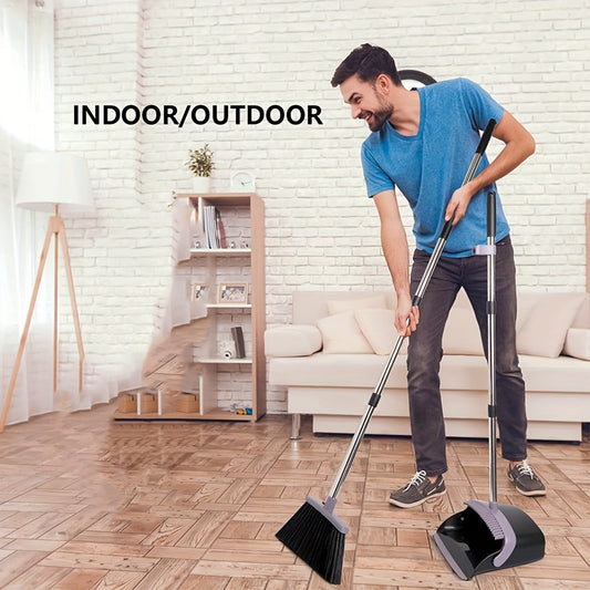 The Self-Cleaning Broom and Dustpan Set is equipped with teeth and has a 139.7cm long handle. It is ideal for removing pet hair and can be used indoors or outdoors. The set comes in black and grey colors.