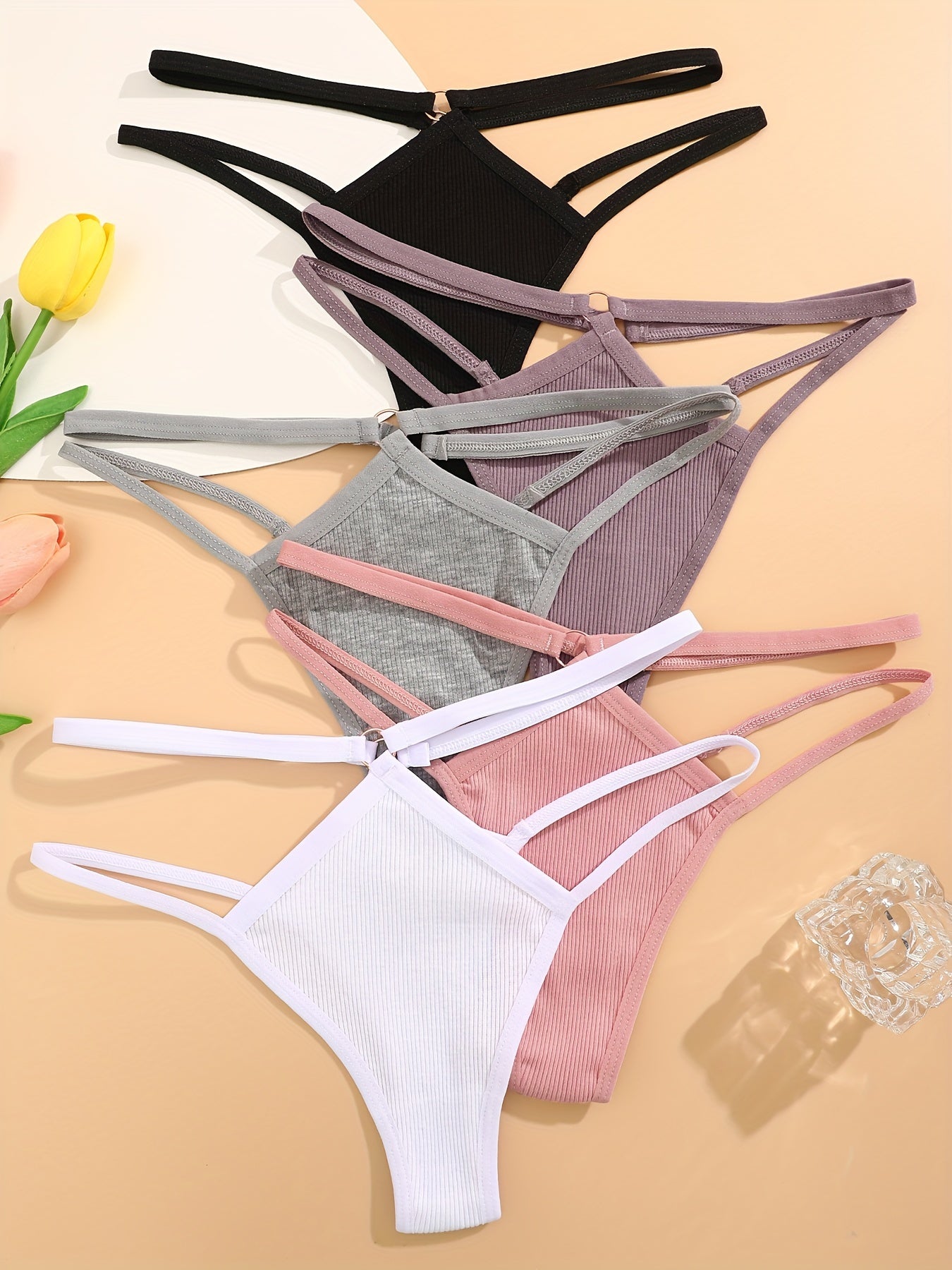 5 solid ribbed ring thongs, comfy, breathable, stretchy intimates for women.