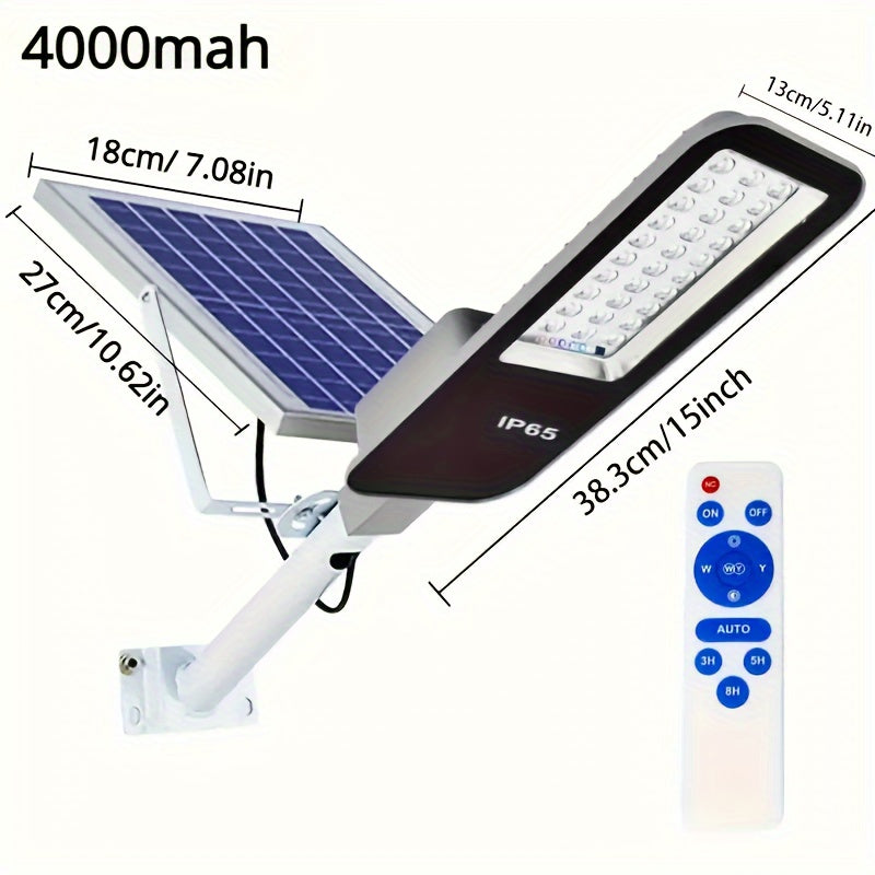 Energy-efficient outdoor solar street light with 6000/4000mAh battery, remote control, and solar panel for garden and yard lighting.