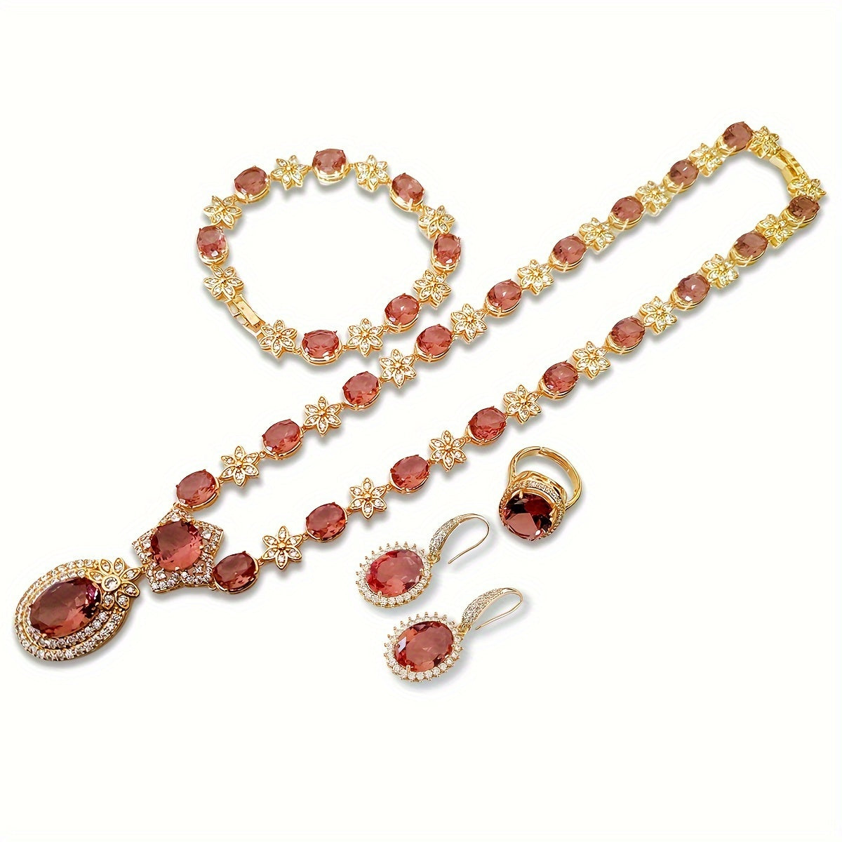 Introducing the MEETMAY Synthetic Color Changing Sultanite Diaspore Oval Sunflower Jewelry Set. This elegant copper-tone four-piece set includes a ring, earrings, bracelet, and necklace. The colors are customizable to adapt to different lighting