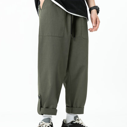 Men's 100% Cotton Loose Cropped Pants with Pockets for Outdoor Activities