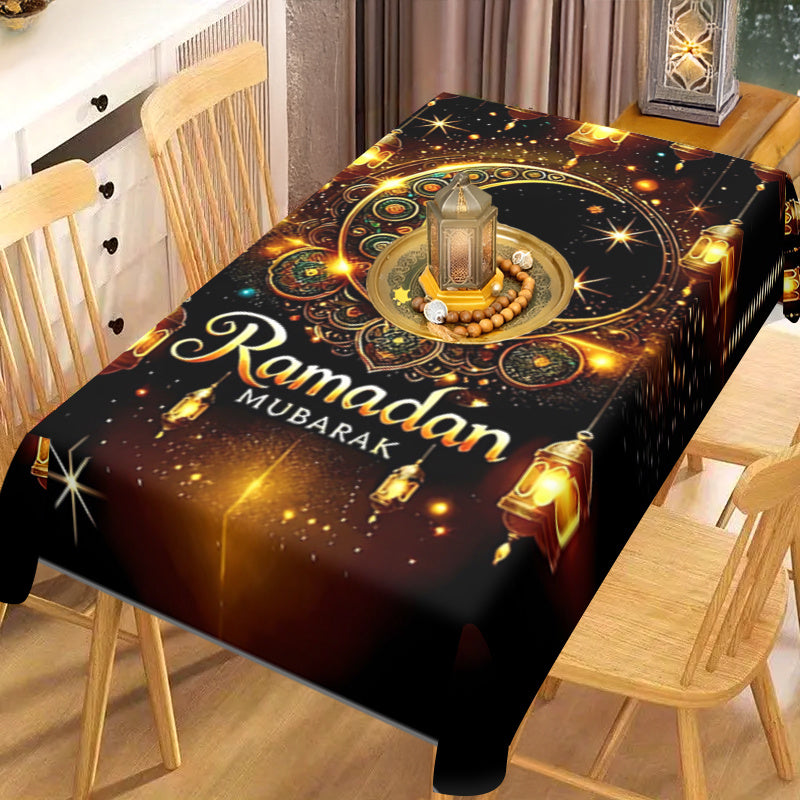 Elegant Ramadan Mubarak tablecloth with ethnic moon print, ideal for Eid celebrations, picnics, and home decor.