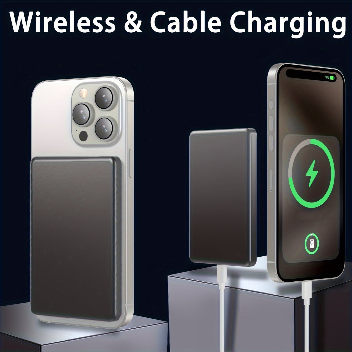 Aluminum wireless power bank with fast charging for iPhone and Android, ideal for travel emergencies.