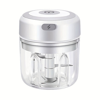 The handheld wireless garlic grinder is a mini electric food chopper with a 250ml capacity. It is portable and rechargeable via USB, made of plastic and suitable for blending fruits, vegetables, onions, nuts, and meat. The chopper operates automatically