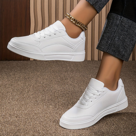 Women's classic white skate sneakers with durable build, casual lace-up low-top design, lightweight and comfortable non-slip EVA sole, easy to clean and versatile for walking or skating.