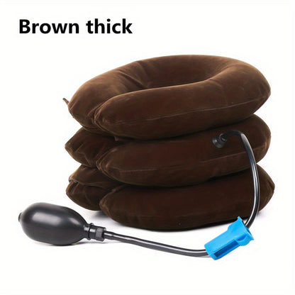 Thick/thin inflatable neck pillow for travel and relaxation with stretch and traction capabilities.