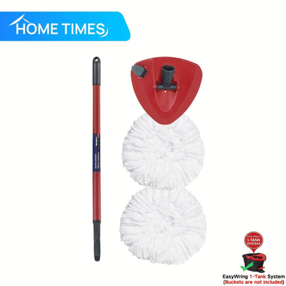 The Home Times Mop Replacement Parts includes 2 Microfiber Mop Heads, 1 Retractable 3-Section Mop Handle (55.88-124.46cm), and 1 Mop Base Cover Set specifically designed for the O-Ceda EasyWring 1-Tank Spin Mop System. This versatile set is suitable for