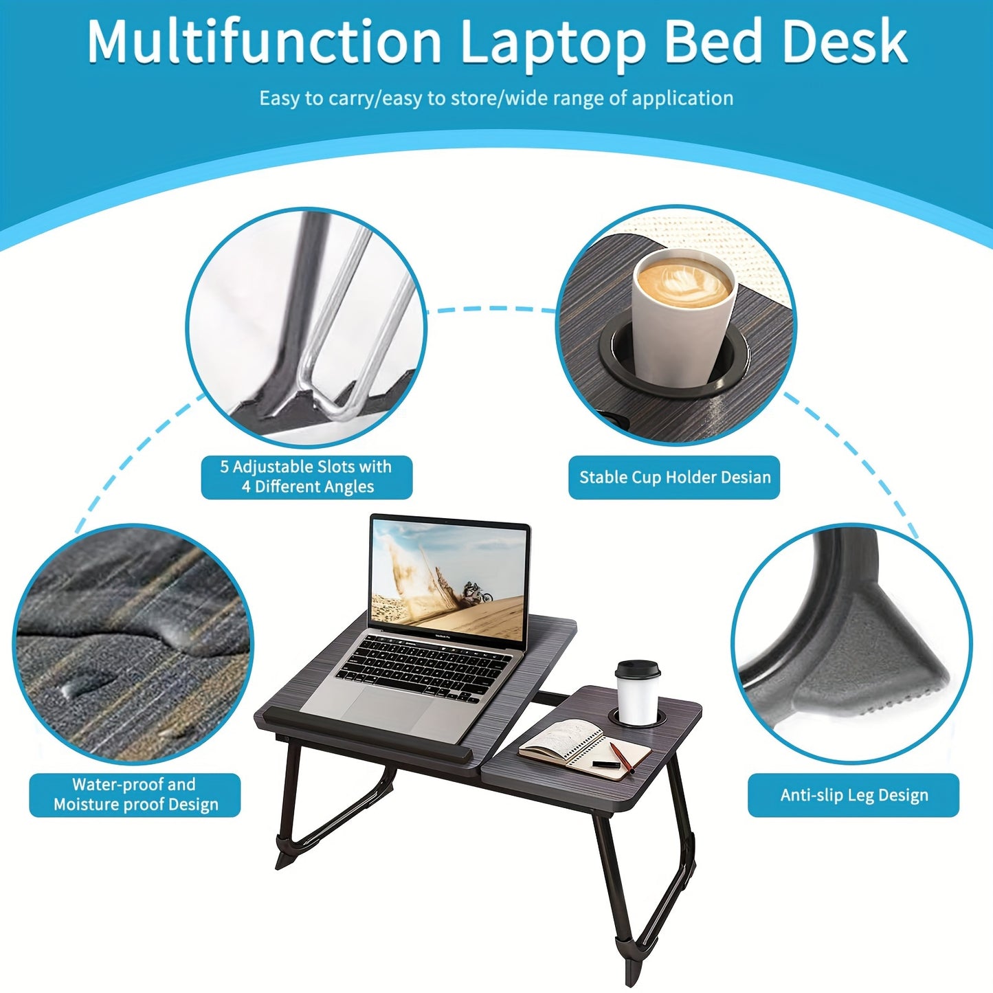 5-position lap desk with cup holder and anti-slip strip, multi-functional folding study desk, portable laptop table, bed workstation, home office desk.