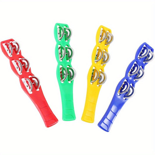 4 Colorful Plastic Jingle Bell Sticks with Metal Rattle Heads - Durable Latin Percussion & Tambourine Accessories