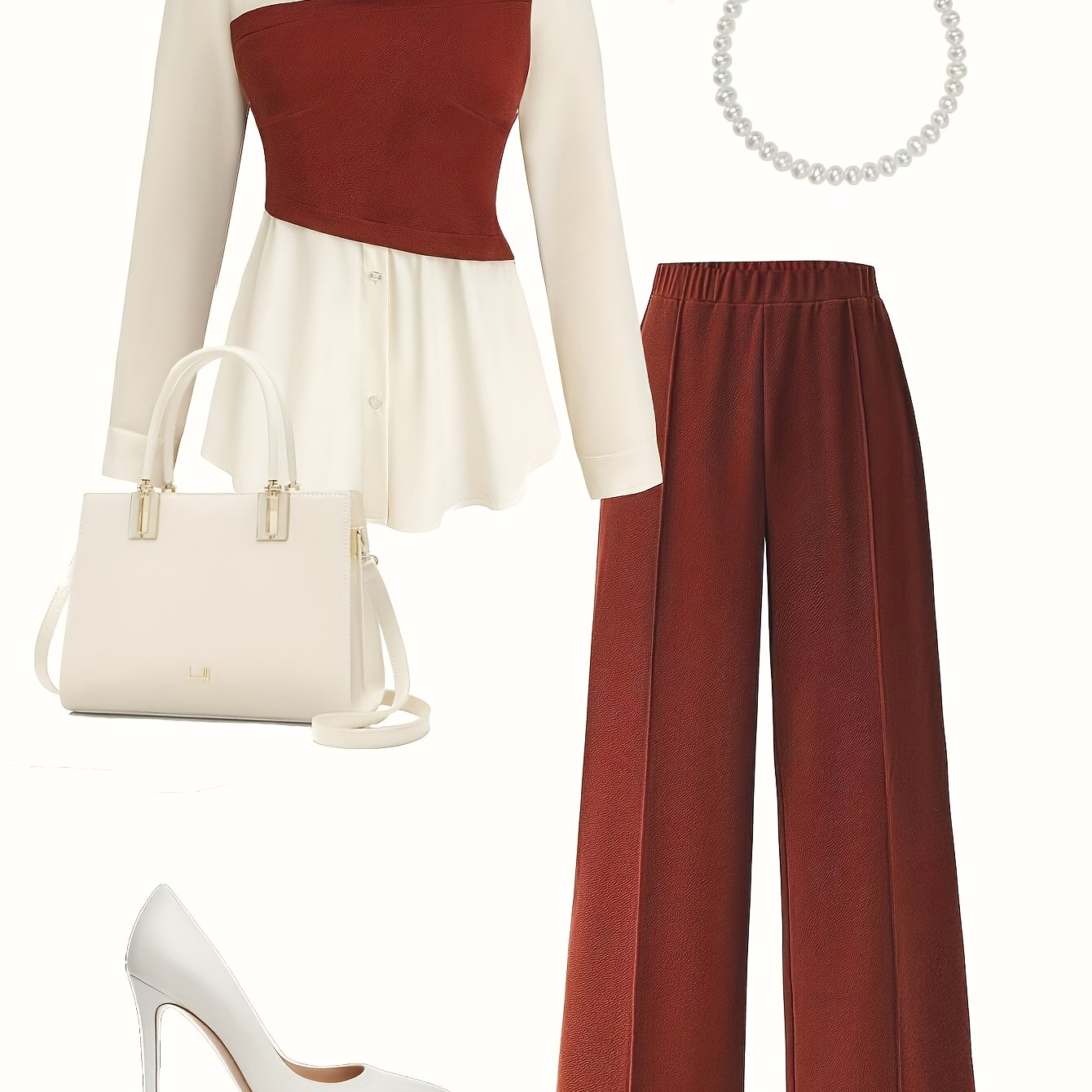 Elegant women's two-piece set in burgundy and white, 100% polyester, machine washable, ideal for spring/fall.