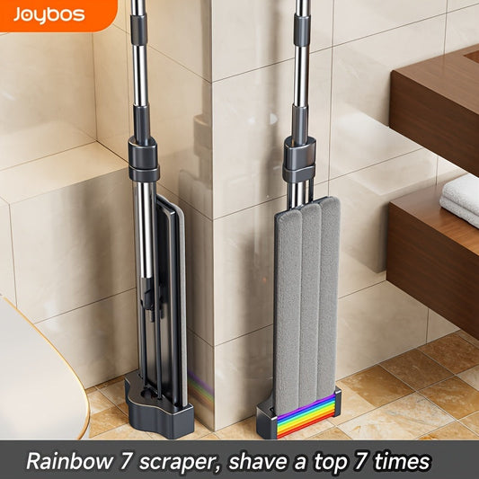 The Joybos All-in-One Hands-Free Wash Mop is complete with 7 colorful scrapers, 2 durable microfiber pads, and a sturdy stainless steel handle for effortless cleaning of floors, tiles, and yards.