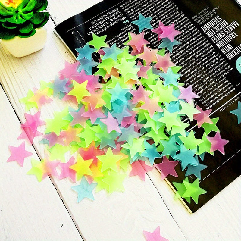 100 glow-in-the-dark star wall stickers with matte finish. Reusable and self-adhesive for fantasy themed rooms. Can be used on multiple surfaces.