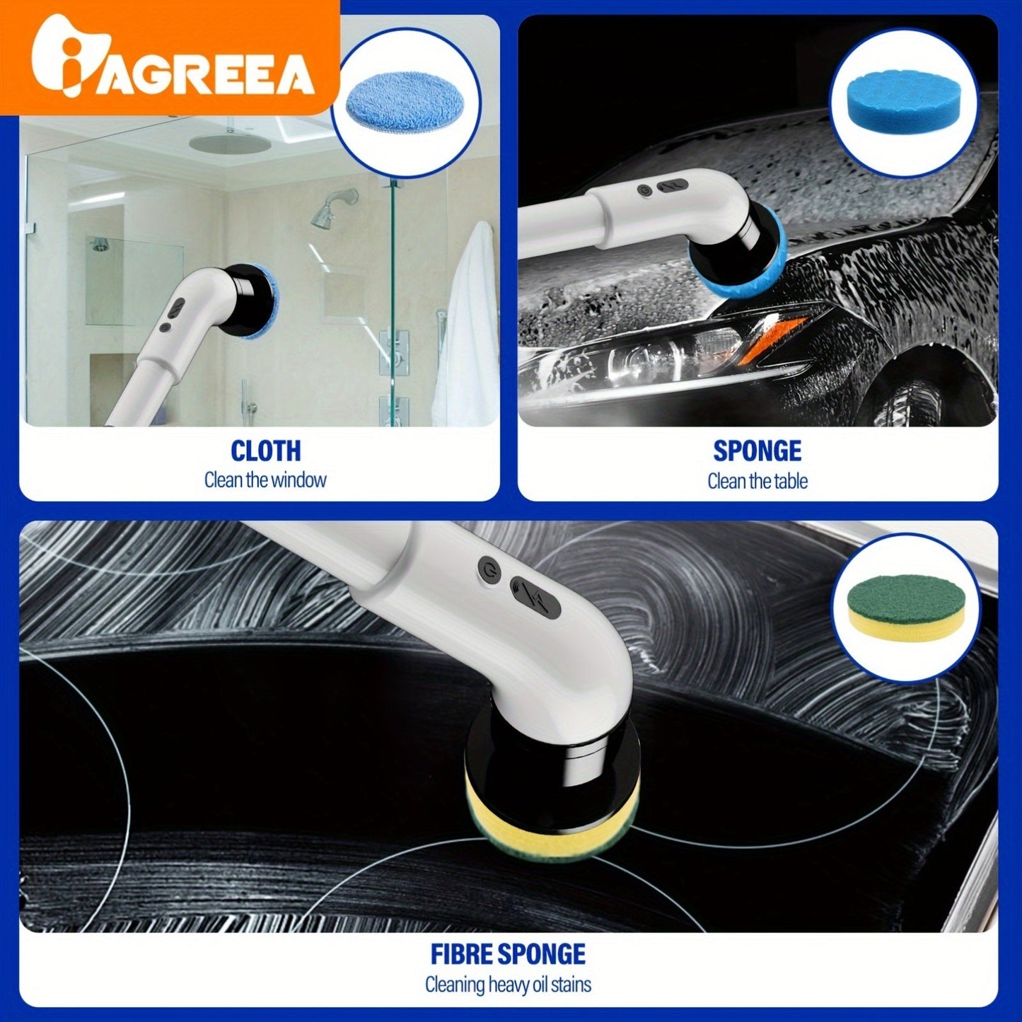 Introducing the IAGREEA Electric Rotating Washer, an innovative cleaning tool with 3 adjustable speeds. This cordless electric rotating brush comes with 9/6 interchangeable brush heads and an adjustable extended handle. Perfect for cleaning tiles