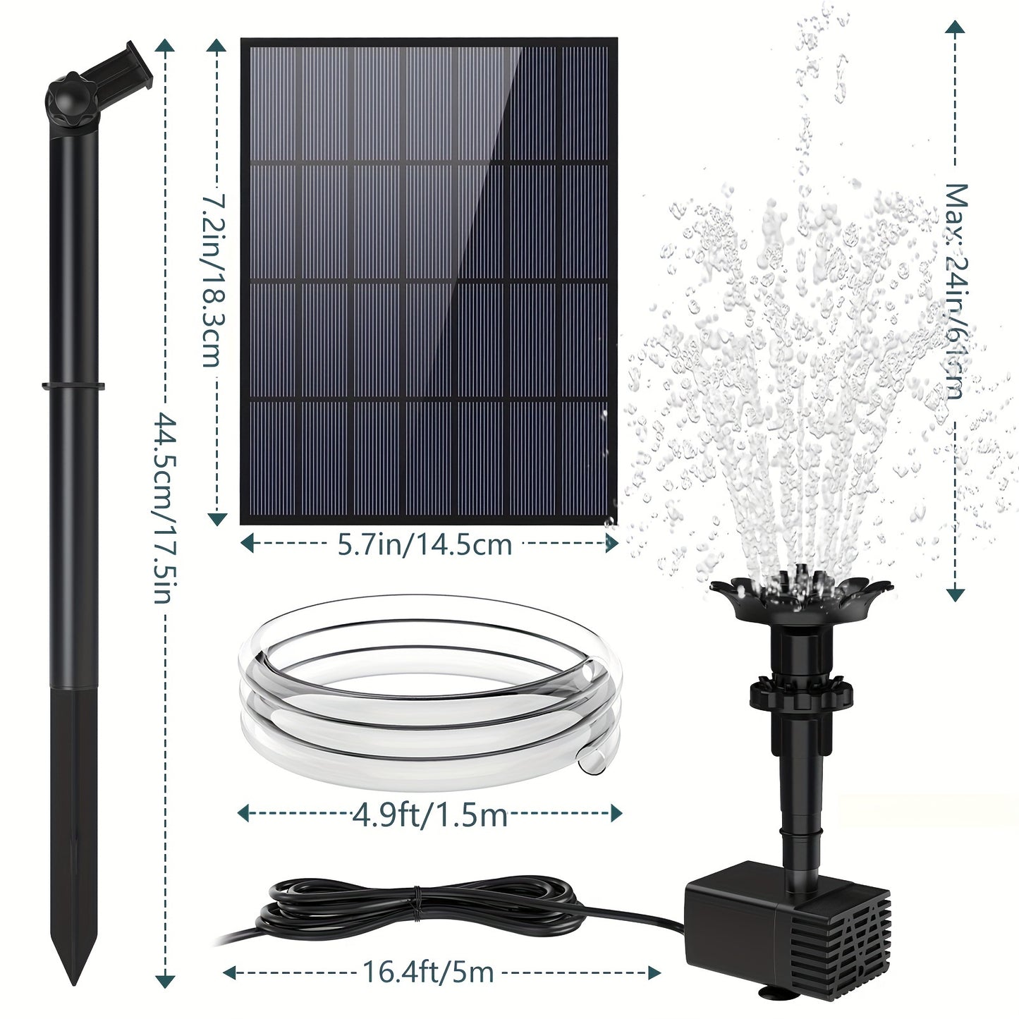 Solar-powered bird bath pump with removable photovoltaic module, ideal for garden, pond, pool, outdoor use.