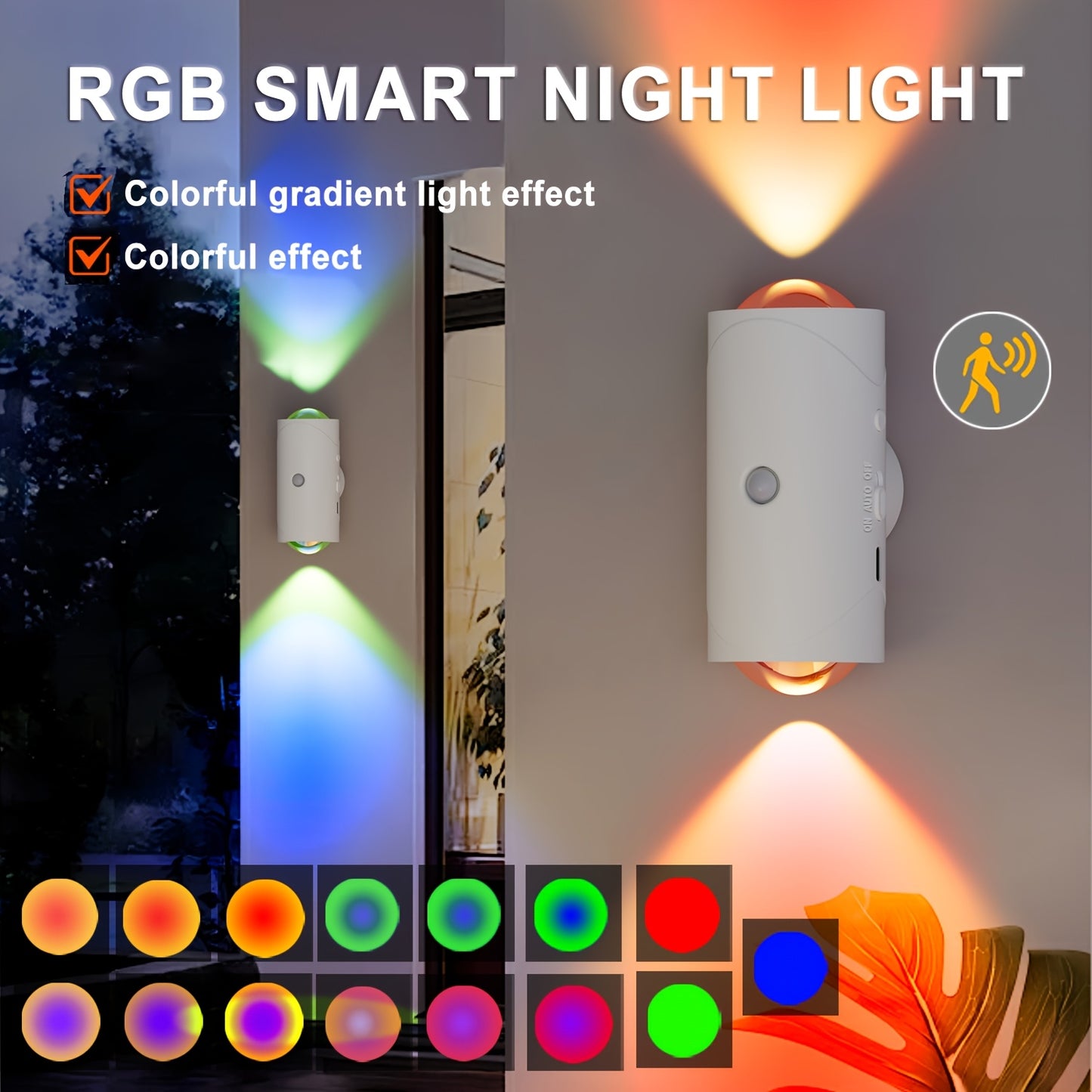 Smart LED night light with motion sensor, RGB dimmable wall lamp, USB rechargeable. Magnetic step lamp for various uses. Infrared wireless, ≤36V, non-waterproof, 1500mAh battery.