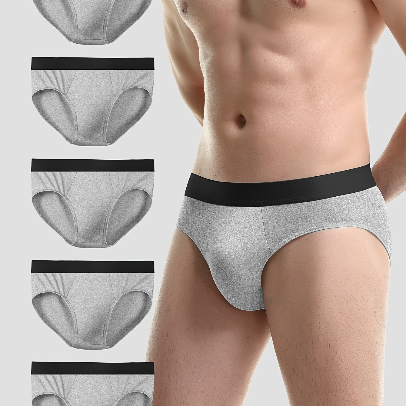 5 men's breathable sports briefs made of lightweight, stretchy polyester and spandex blend in solid color.