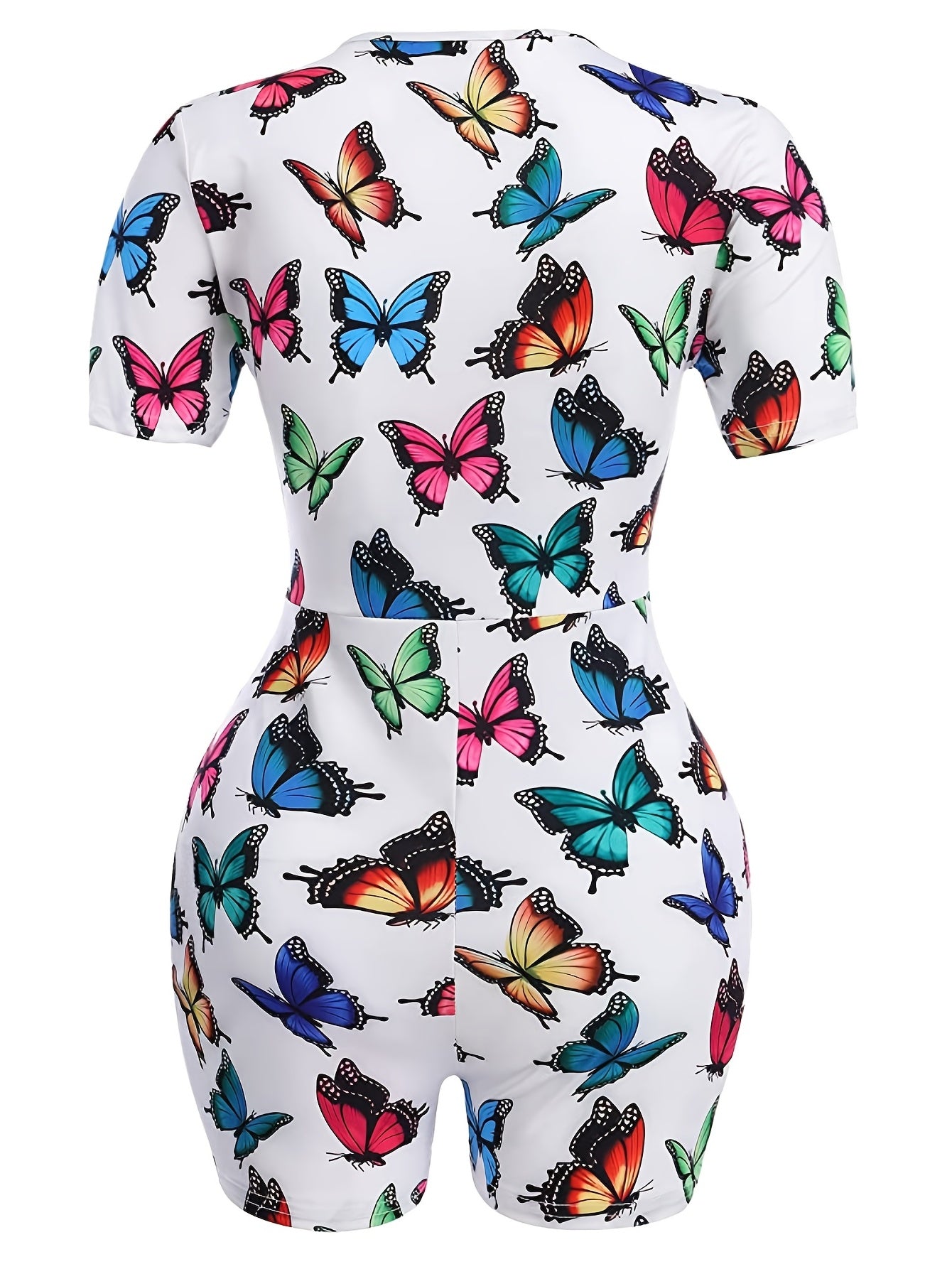 Butterfly Print Lounge Bodysuit, Crew Neck Romper for Women loungewear