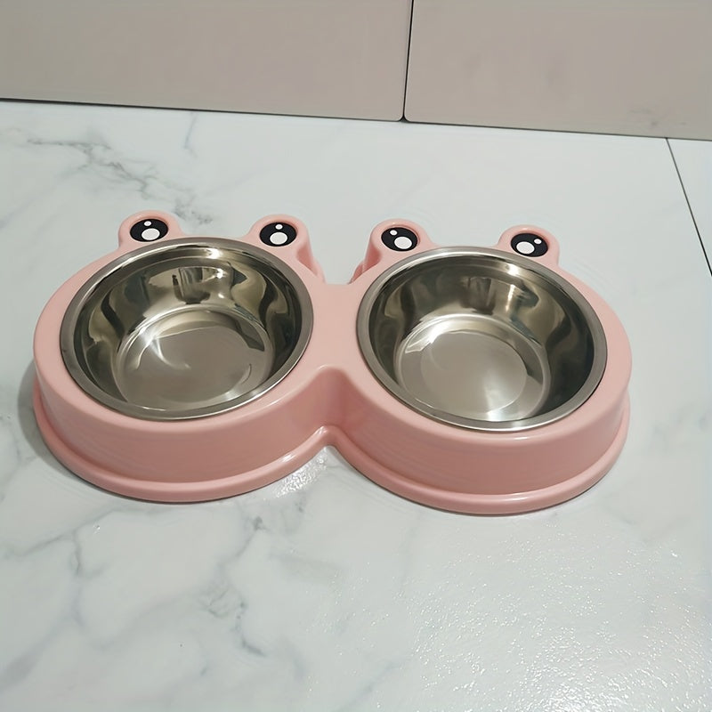 Stainless steel double bowl for small dogs and cats with pet frog design.