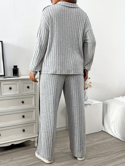 Women's casual long sleeve pajama set, polyester with zipper pants for adults.