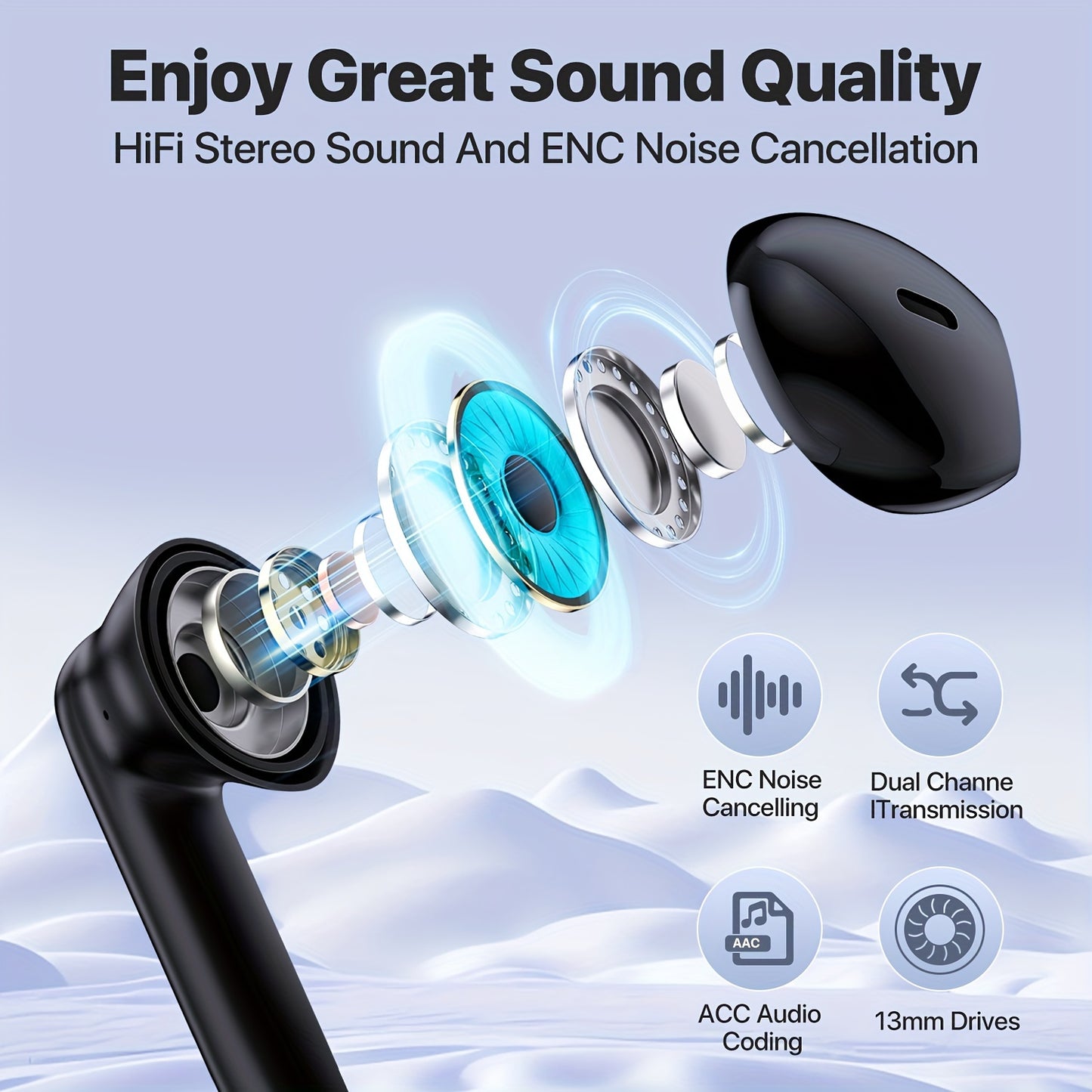 Wireless 5.3 Earbuds: 25 Hours Playtime, Stereo Sound, Enhanced Bass, 4 ENC Microphones, LED Display, Noise Cancellation, Ideal for Sports, Android/iOS Compatible.