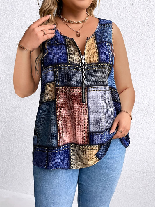 Ayollar uchun rang-barang yengsiz tank top, patchwork print va fermuar yopilishi bilan, kengaytirilgan o'lchamlarda, cho'ziluvchan, mashinada yuviladigan polyester aralashmasidan tayyorlangan.