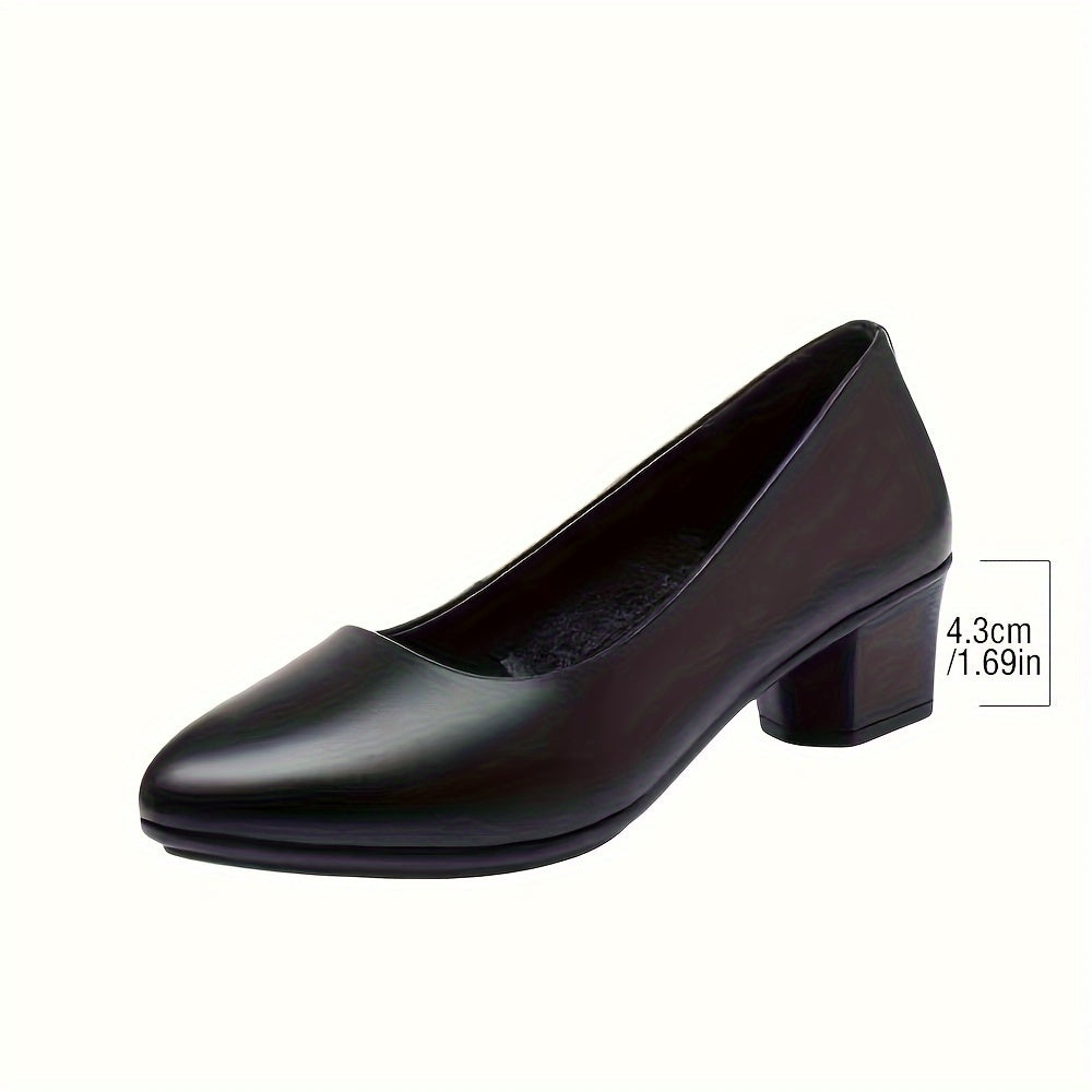 Elegant black faux leather work pumps with mid-height chunky heel, soft sole, and slip-on design for office and commuting.