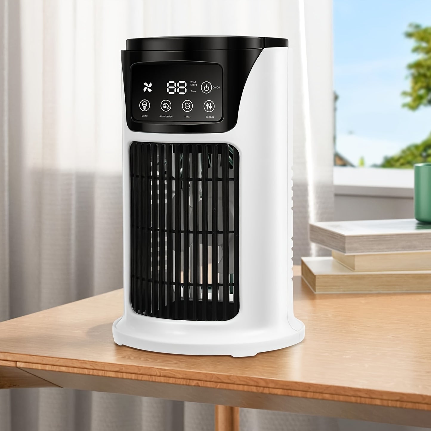 USB powered portable air conditioner humidifier with 6 adjustable speeds, 300ml water tank, ideal for various room types, made of durable plastic, operates on ≤36V.