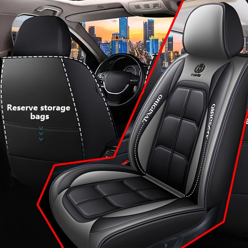 Durable PU leather car seat covers with red stitching and storage bags.