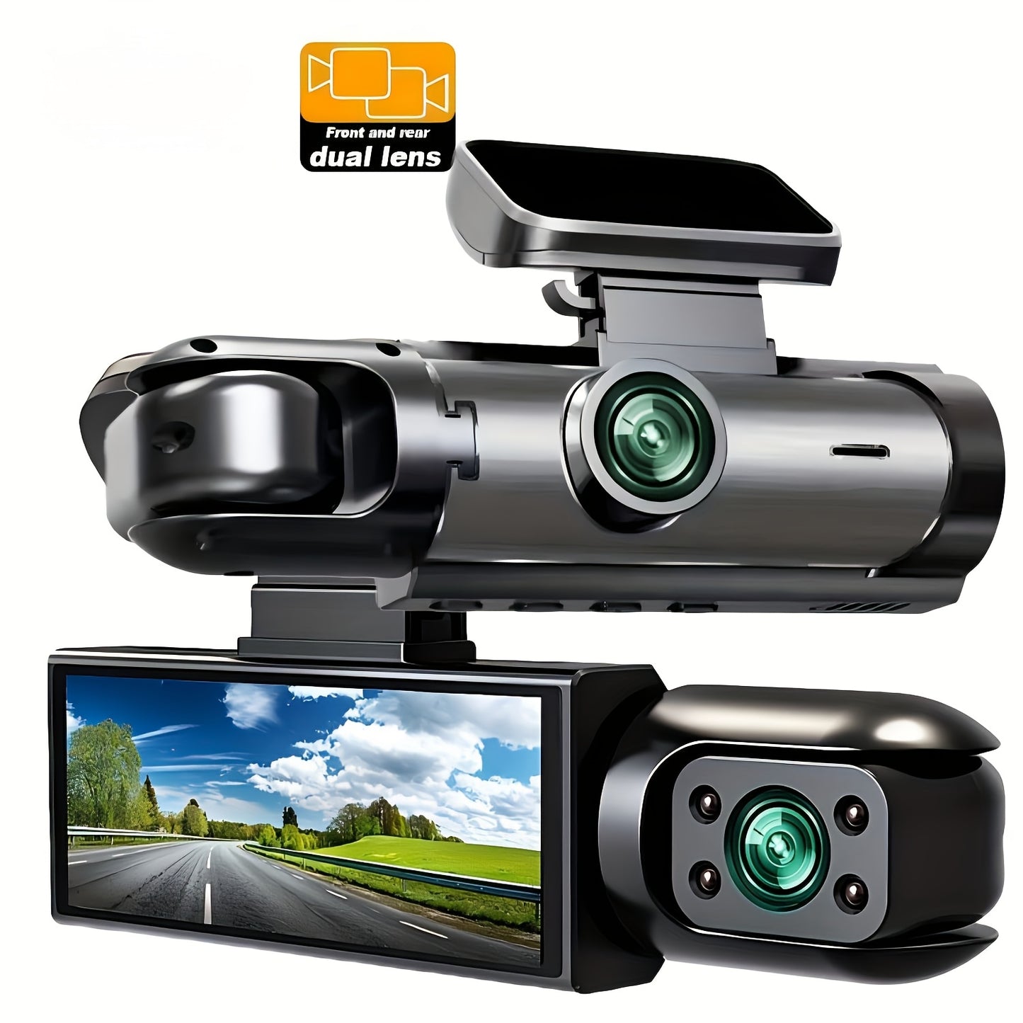 OUYAAQII 1080P Dual Lens Car Dash Cam with Gravity Sensor, Auto Loop Recording, 64GB Memory, 12-Hour Battery Life, Aluminum Cooling Case, Front & Interior Video Capture, Easy Adhesive Mount.