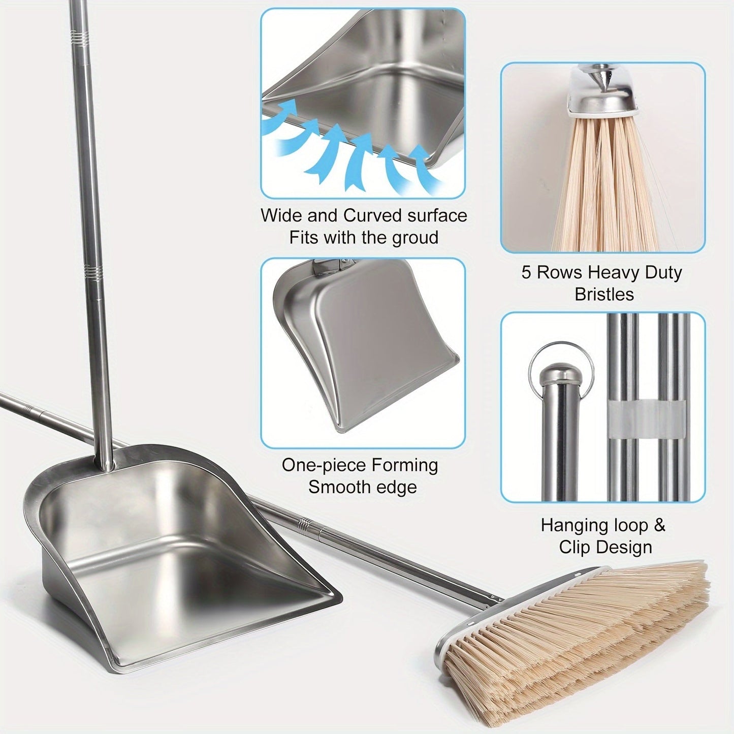 Durable Stainless Steel Broom and Dustpan Combo with Extended Handle - Sleek Polished Design, Complete Cleaning Kit for Home, Kitchen, Indoor & Outdoor Spaces, Convenient Standing Dust Pan, Dustpan Set with Multiple Components