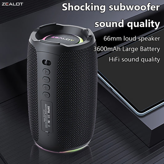 ZEALOT S61 20W Wireless Speakers support wired microphone and dual pairing. Features include 3600mAh battery for 20 hours of playtime, loud stereo, and booming bass. Compatible with mobile