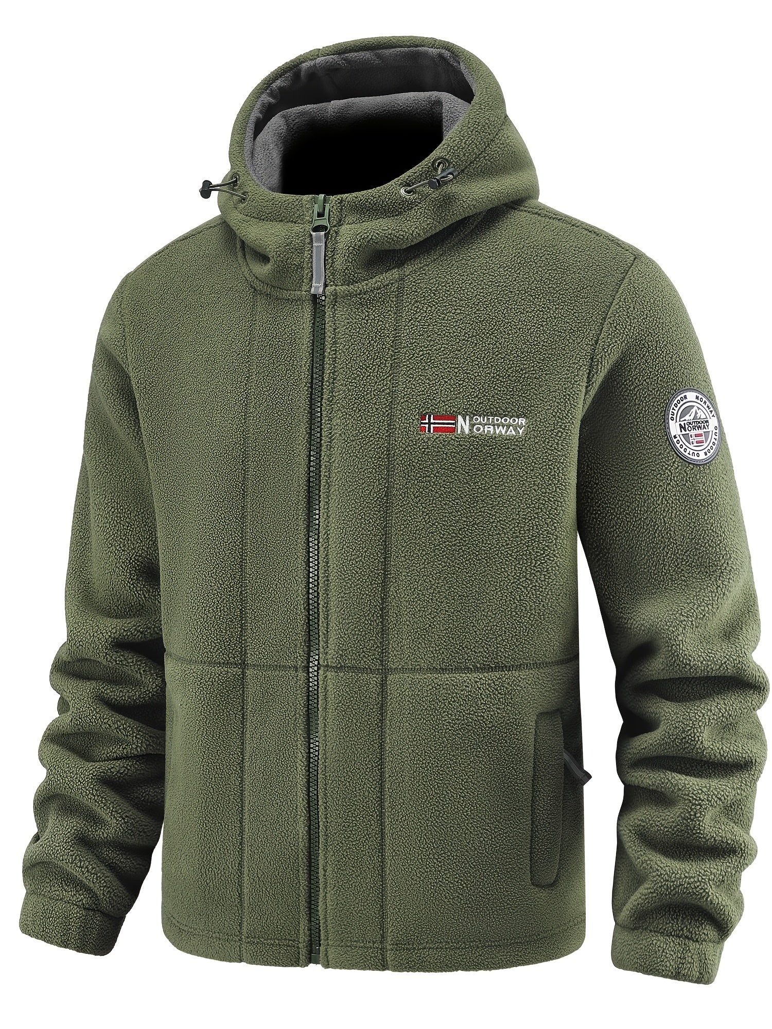 Men's fleece jacket with hoodie, zipper pockets, warm and windproof for outdoor sports in autumn and winter.