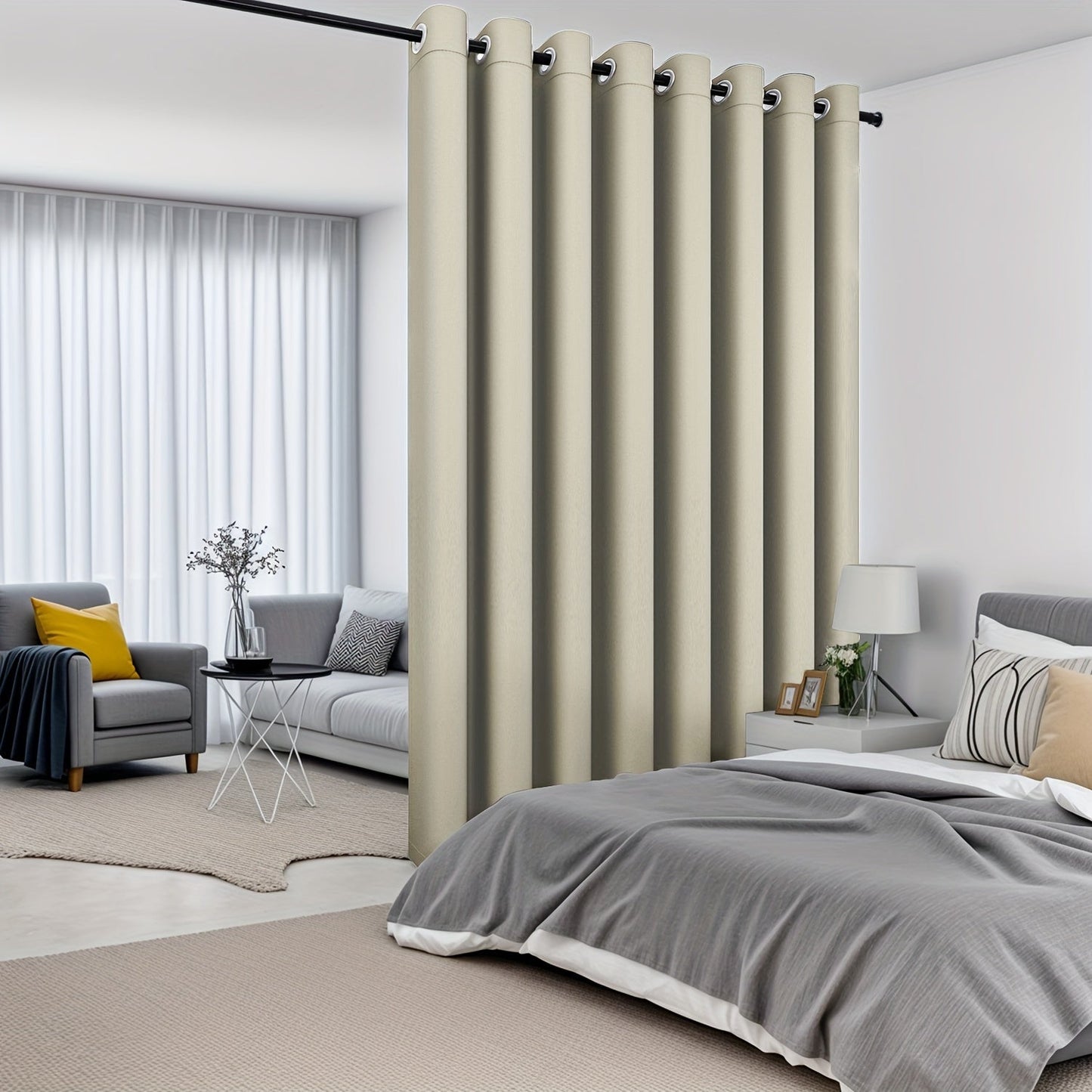 Modern Blackout Privacy Room Divider Curtain features UV protection and water-resistant polyester material with a grommet top for easy hanging. It is machine washable and suitable for all seasons, perfect for use in the living room or bedroom.